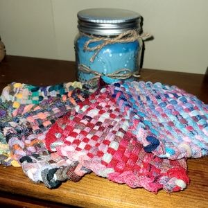 Blueberry Cheesecake candle with four coasters/potholders.